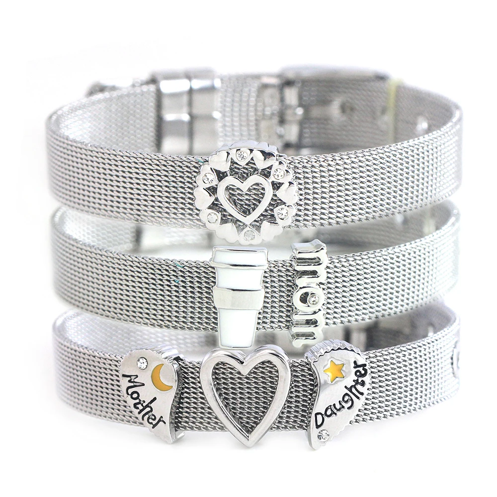 

Legenstar Set silver Stainless Steel Mesh Bracelet Love Heart MOM Slide Charm Bracelet for Woman Jewelry Mother's Day Gifts
