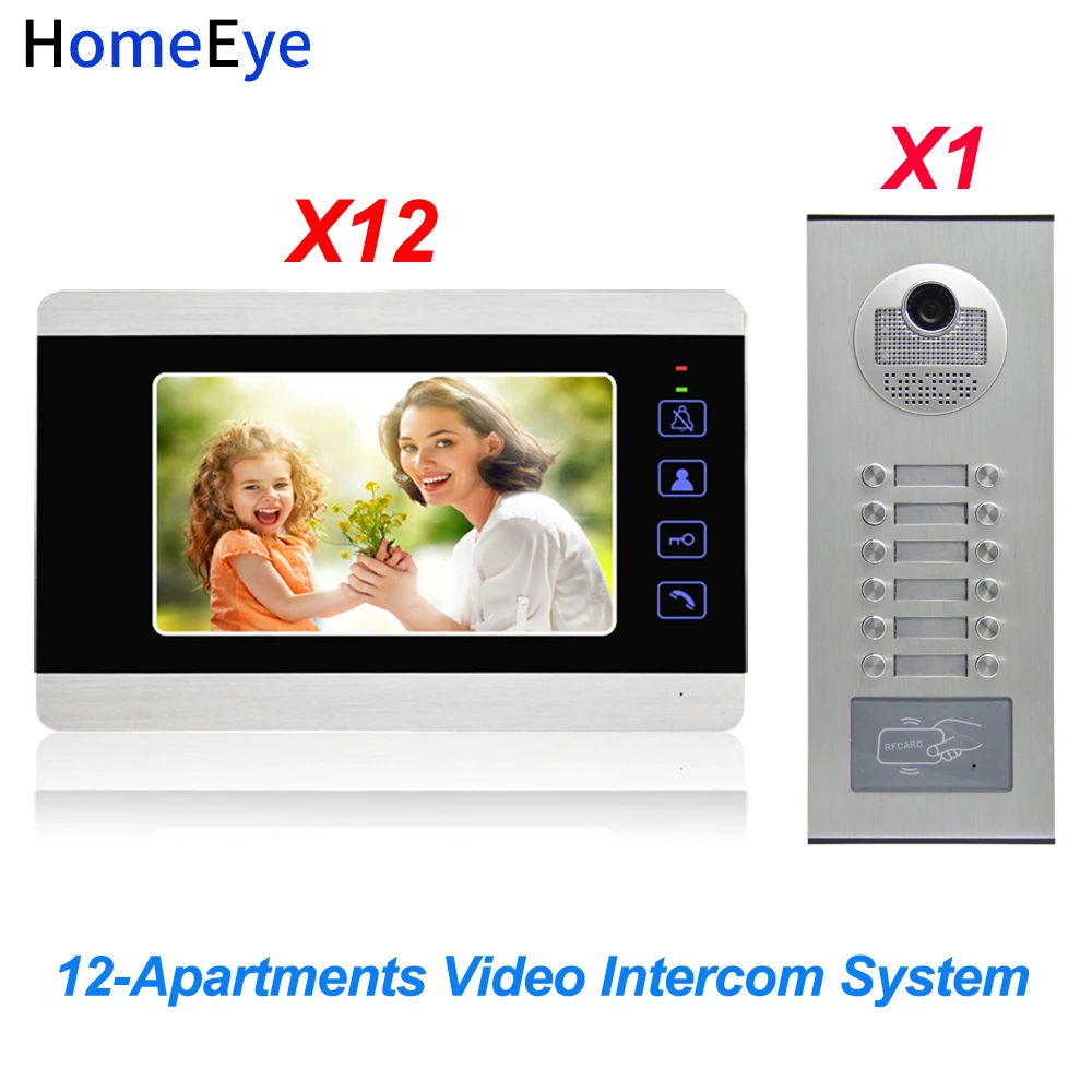 HomeEye 7'' 4-Wire Multi-House Video Door Phone Intercom 12-Apartments Door Bell Home Access Control System 1200TVL Touch Button