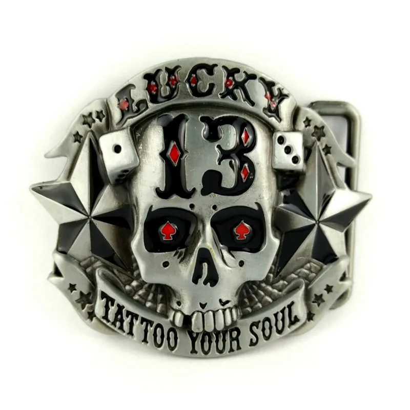 Silver Skull Belt Buckle 13 Stars Tattoo Your Soul Lucky Rock For Men Biker