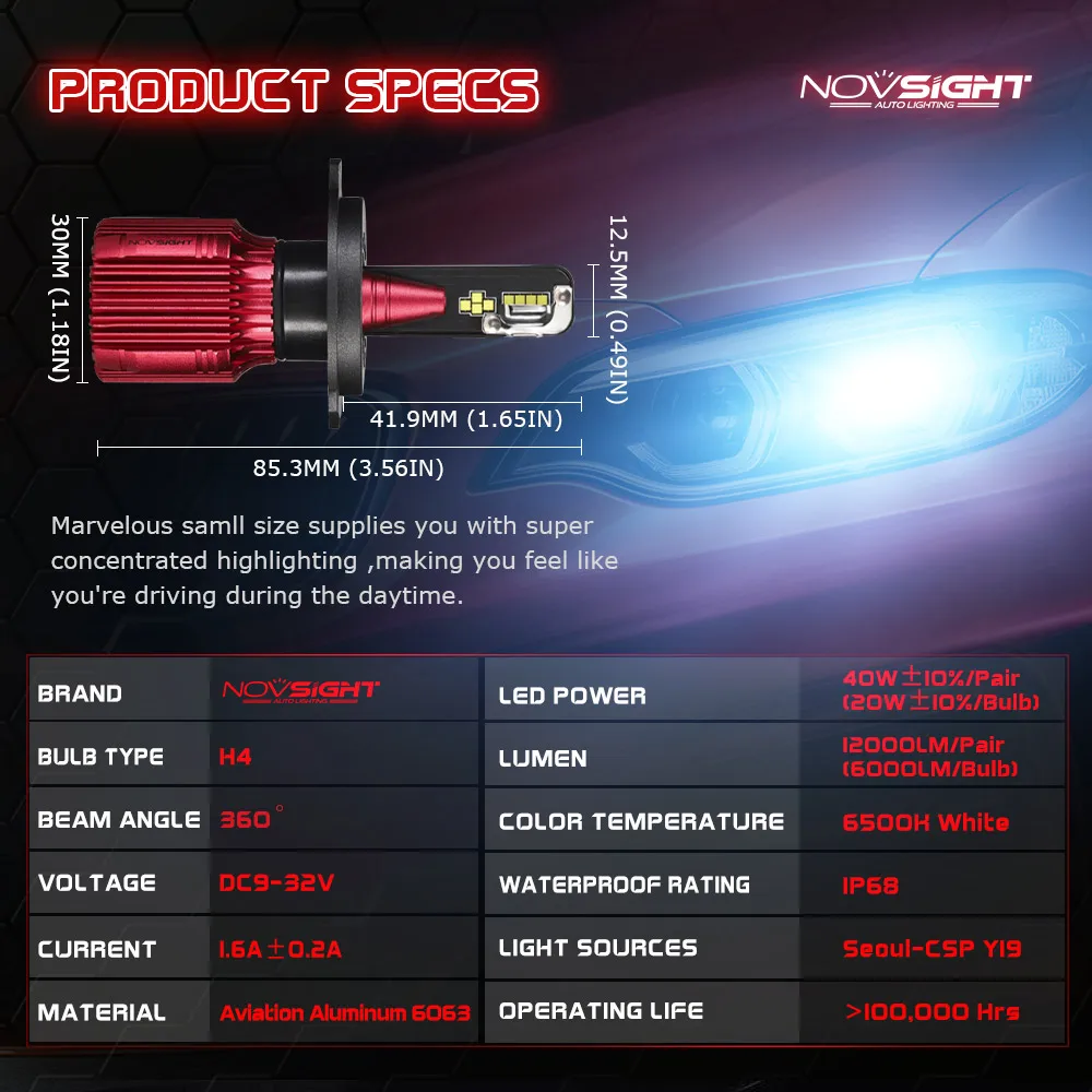 NOVSIGHT Автомобильные фары H4 Hi/короче спереди и длиннее сзади) луч светодиодный H7 H8 H9 H11 H13 9005 9006 9007 40 Вт 12000lm 6500 к авто фары лампы