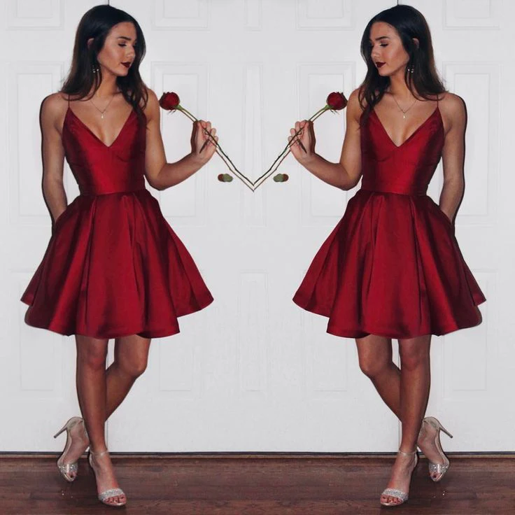 

Burgundy 2019 Elegant Cocktail Dresses A-line V-neck Short Mini Satin Sexy Party Plus Size Homecoming Dresses