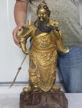

24 Copper Bronze Gild Dragon Guan Gong Guan Yu Warrior God Guangong Sword Statue 8.02