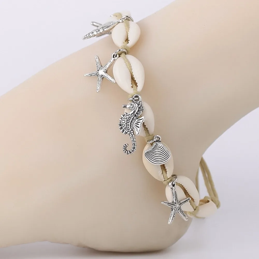 

Hot Summer Fashion Beach Style Alloy Seahorse Conch Starfish Charm Pendant Handmade Woven Shell Rope Chains Anklet Bracelet