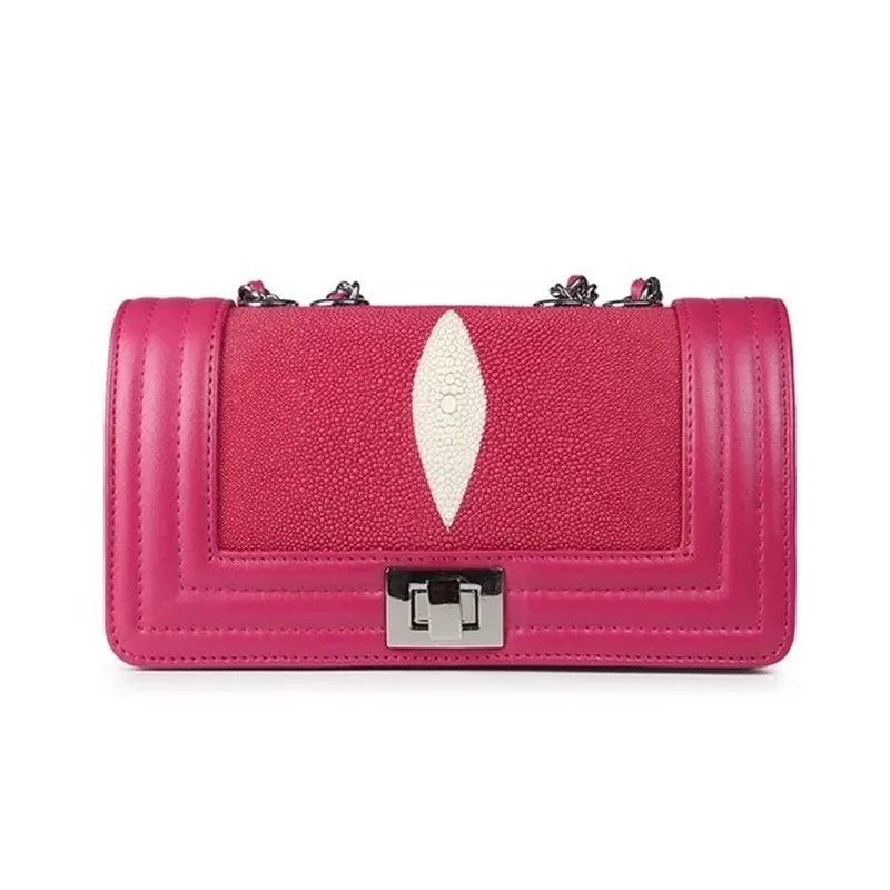 

Chic Designer Genuine Stingray Skin Hot Pink Women Evening Purse Exotic Leather Lady Mini Messenger Bag Female Small Sling Bag