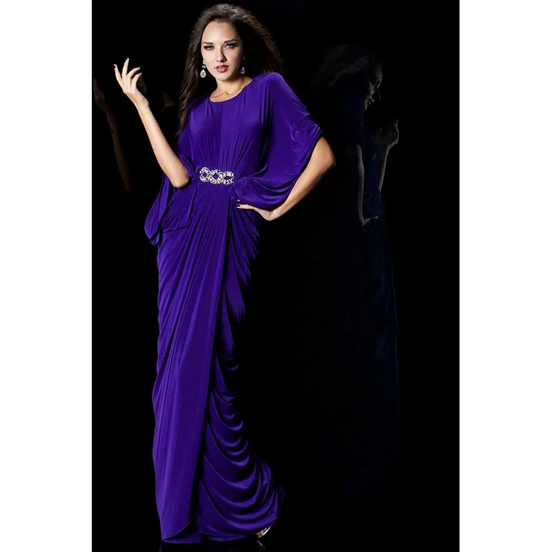

Vestido De Noite Long Evening Dresses/Dress 2015 Scoop Neck Half Sleeve Crystal Purple Evening Gown N132