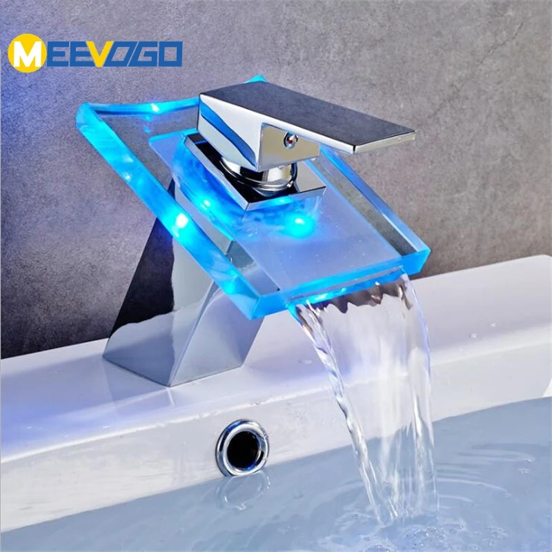 MEEVOGO LED Color Changing Glass Basin Faucet Bathroom PVD Chrome Deck