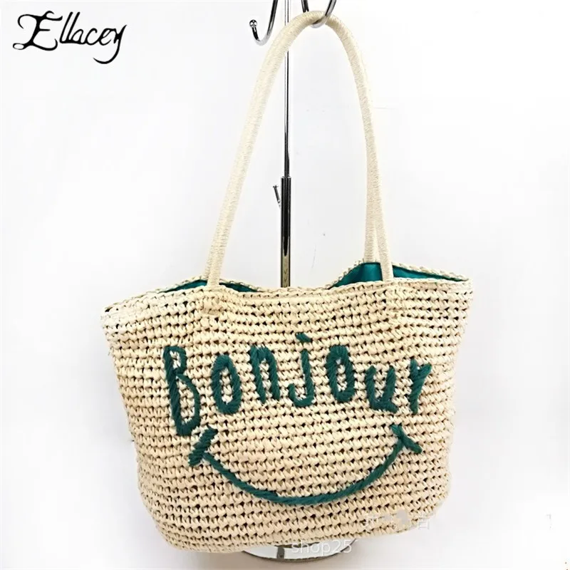 

Bonjour Letter Embroidery Knitting Beach Bag Women Large Capacity Shopping Party Straw Bag Smile Ladies Hand Rattan Bag
