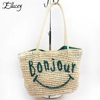 

Bonjour Letter Embroidery Knitting Beach Bag Women Large Capacity Shopping Party Straw Bag Smile Ladies Hand Rattan Bag