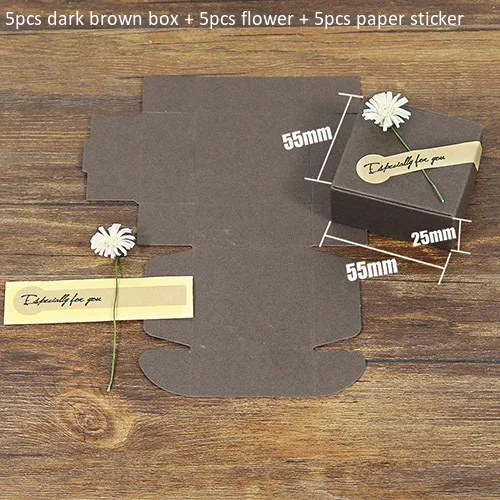 5 наборов, мини-коробка из крафт-бумаги и искусственный цветок, сделай сам, Свадебная подарочная коробка, маленькое печенье, бумажная коробка, упаковка с бумажными наклейками - Цвет: 55x55x25mm coffee