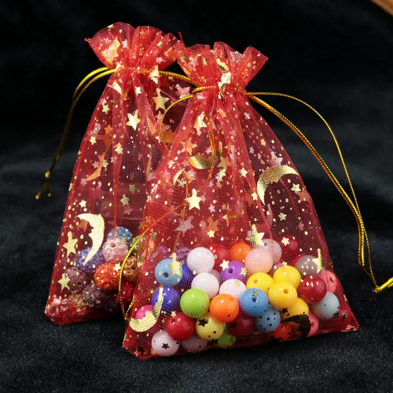 50 шт. 10 цветов, сумка для ювелирных изделий 7x9 9X12 см, свадебный подарок, Сумка из органзы с изображением звезды и Луны, упаковка для ювелирных изделий, упаковка для показа и сумки для ювелирных изделий