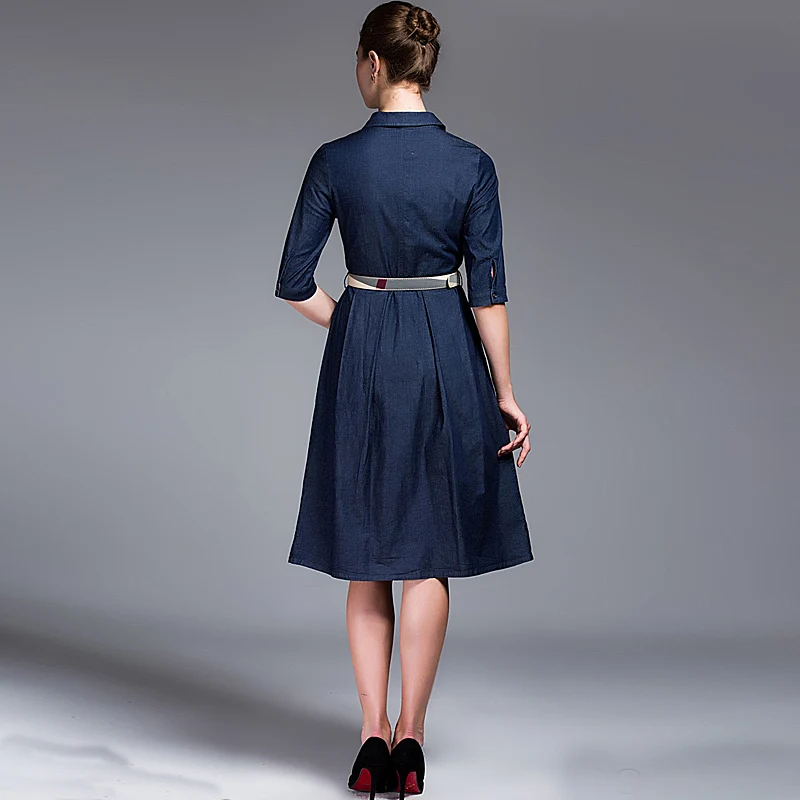 Женская Весна Dress Половина Рукава отложным Воротником Темно Синий Ковбой FYXY