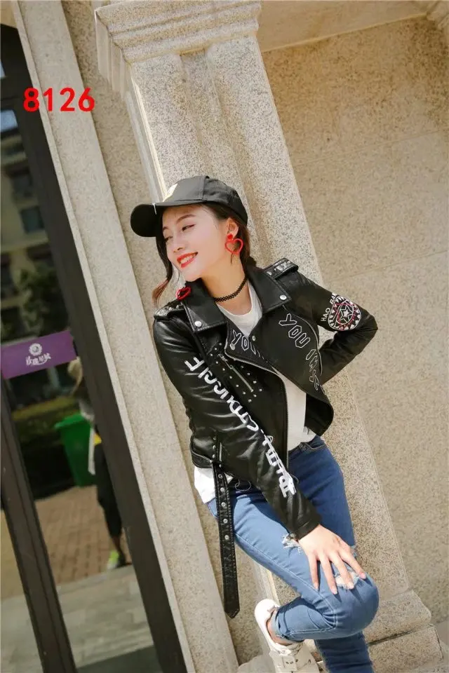 Весна-Осень, новая мотоциклетная кожаная короткая модная хип-хоп куртка с заклепками и буквенным принтом, женские пальто, женская верхняя одежда