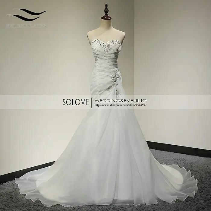 

Real Picture Elegant Pleat Beaded Bridal Gown Organza Sexy Crystal Mermaid Wedding Dress Sweetheart vestido de noiva sereia SL11