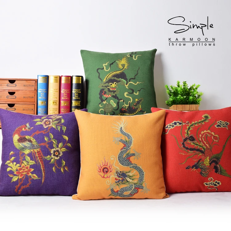 1111 12 De Réductionoriental Chinois Style Dragon Fenix Chanceux Oiseau Housse De Coussin Lin Décoratif Violet Rouge Vert Jaune Jet Taie