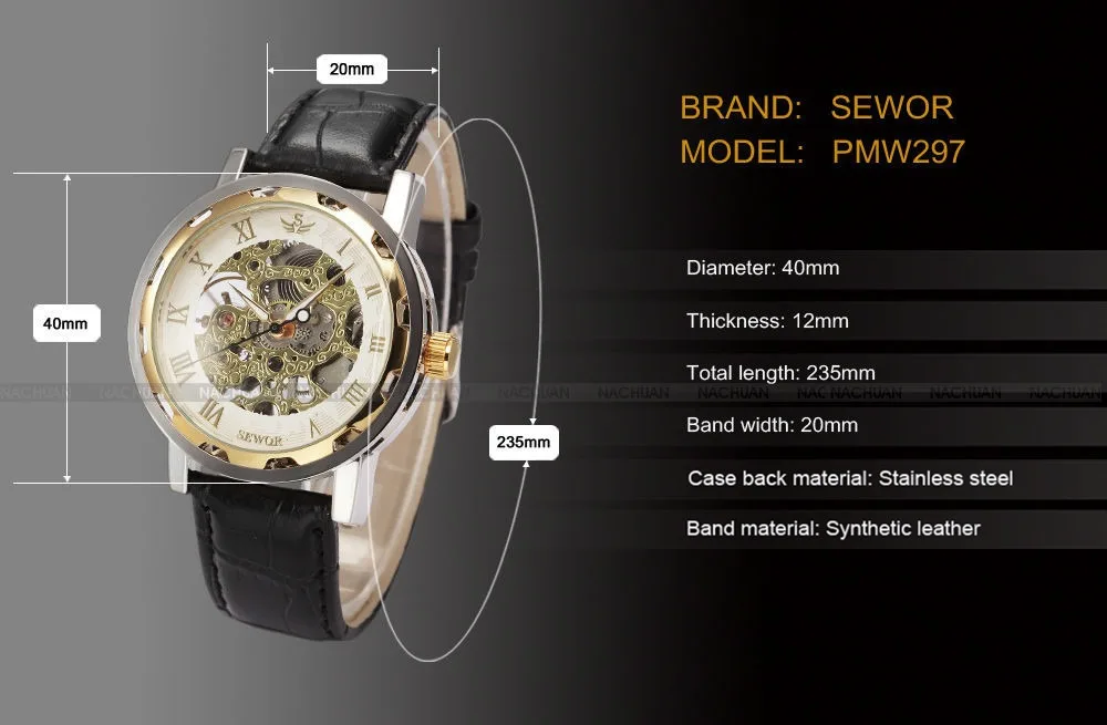 SEWOR механические часы для мужчин прозрачный золотой кожаный Винтаж Бизнес Мода повседневное Скелет Мужские наручные часы Relogio Masculino