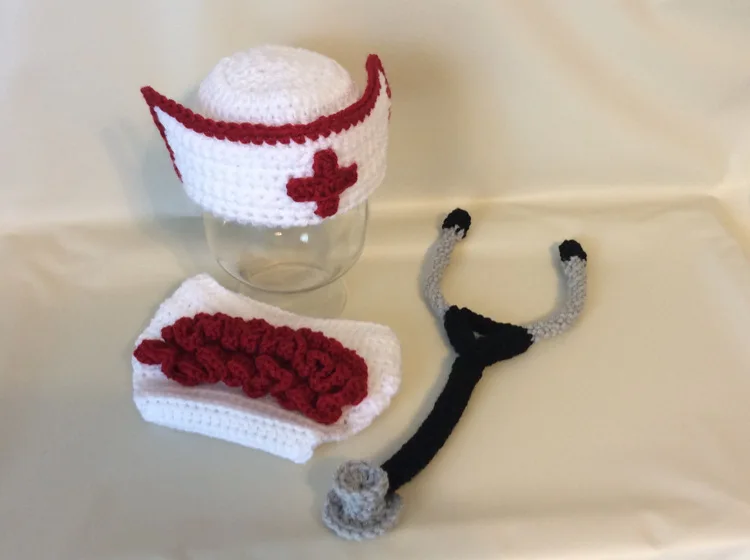 Реквизит для фотосъемки новорожденных аксессуары для девочек детский вязаный костюм Детская шапка медсестры+ штаны+ стетоскоп наряды детские фото реквизит - Цвет: White