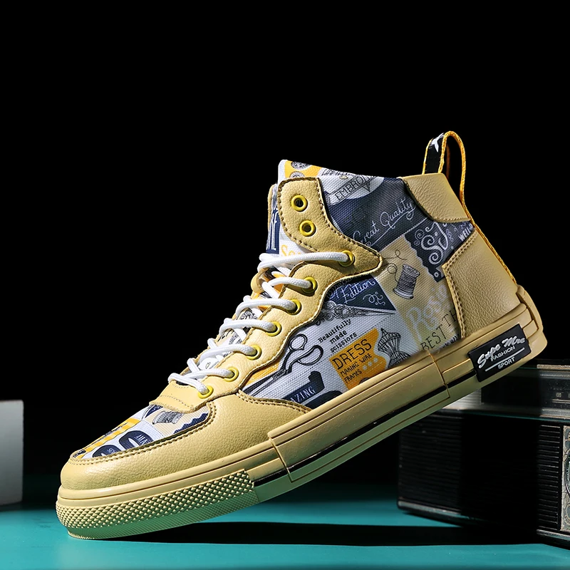

Super Cool Youth Casual Shoes High Top Designer Casual Men Sneakers Yellow Black Male Leather ShoesNew Trend Adult Casual Shoe