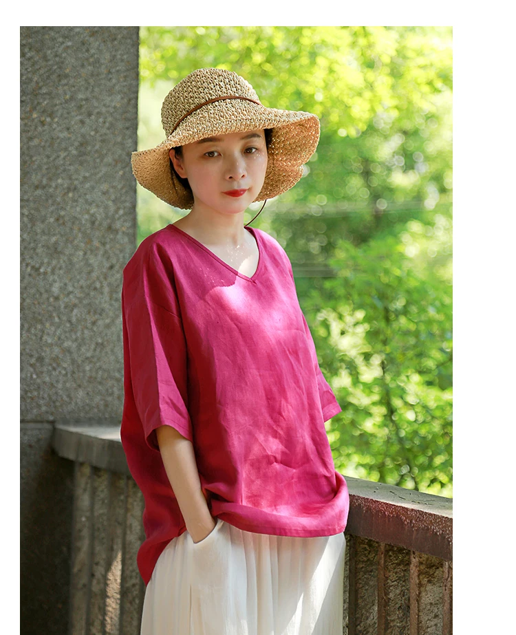 LZJN Women Tops and Blouses 2019 Summer V Neck Short Sleeve Linen Shirt Casual Loose Work Blouse RetroTop Plus Size Blusas (36)