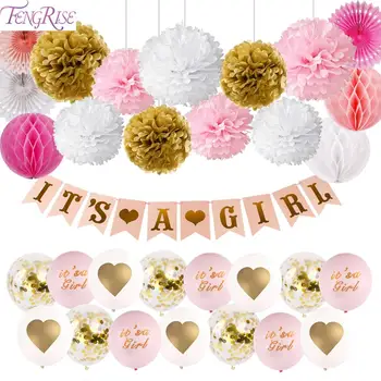 

FENGRISE It's A Girl Birthday Paty Decoration Baby Shower For Girl Pink Paper flower Ball Decor Babyshower Party Supplies