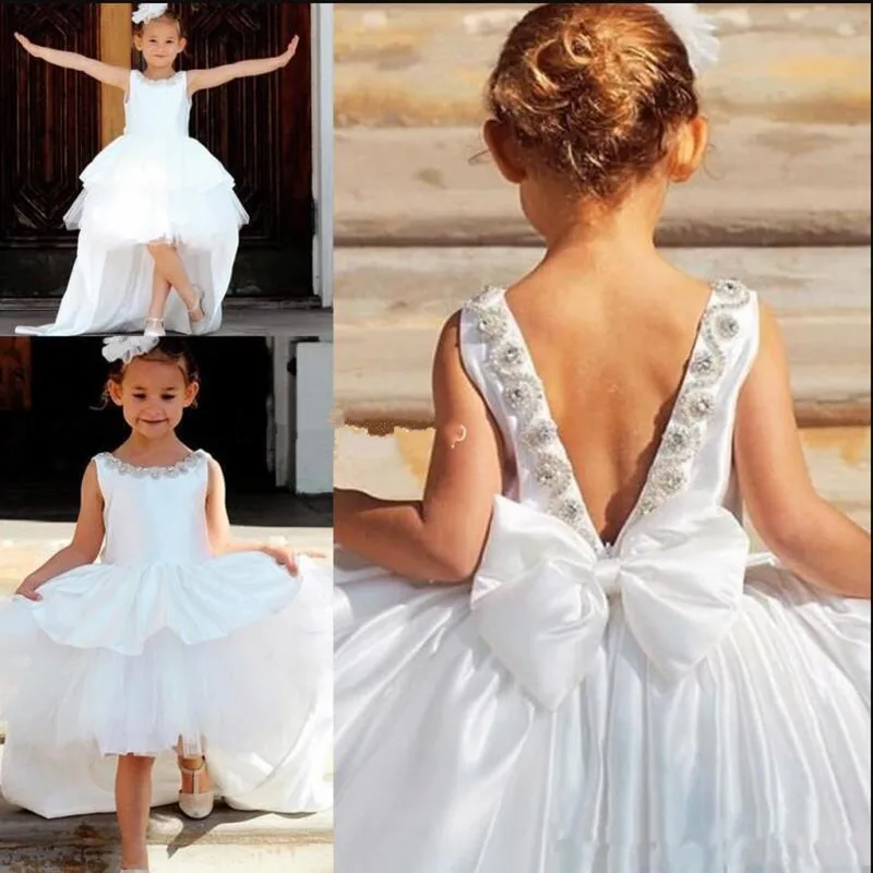

New lovely Princess Dress High Low Flower Girl Dress with Beading Bow V-Back Puffy Satin Mesh Girls Pageant Gowns Custom Made