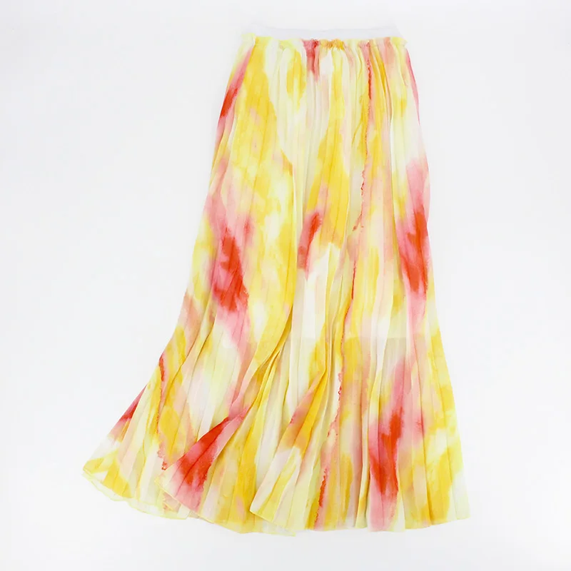 

Summer Pleated Skirt Chiffon Women Skirts Faldas Largas Mujer Tie Dye Printing Bohemian Long Skirts Jupe Femme Korean Style