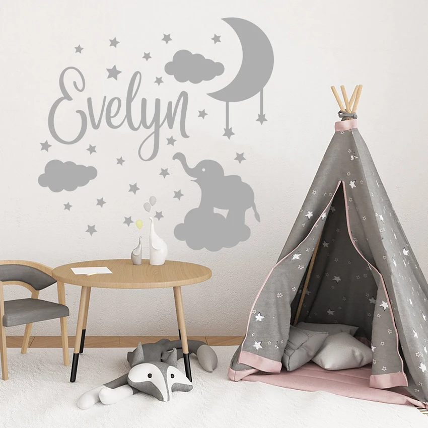 

Cartoon Elephant Stars Vinyl Wall Stickers Kids Room Decal Moon Nursery Kids Decor Personalized Baby Name Decoration Mural J098