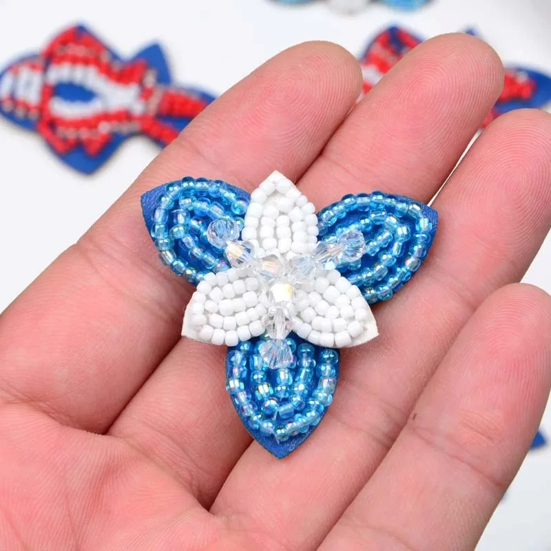 blue flower rhinestone patch beaded embroidery fabric applique patches