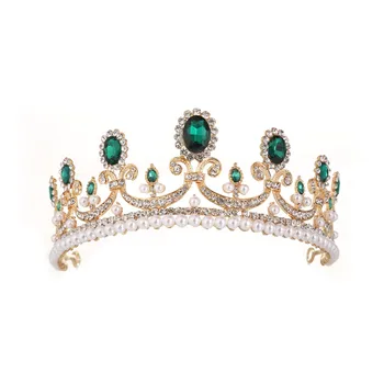 

Baroque Gold Crown Wedding Tiaras for Brides Vintage Big Rhinestone Green Crystal Crown Diademe Princesse Bridal Princess Crown