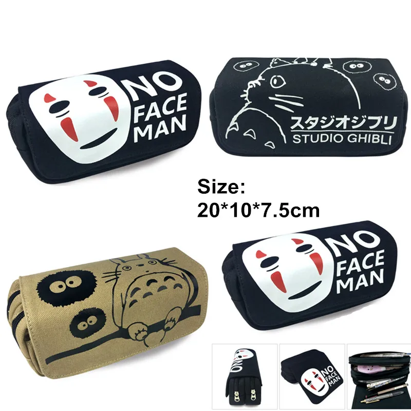

3 Styles Totoro Pen Bags Double Zippers Hook Pencil Bag Totoro Pencil Case School Stationery Container Black/Khaki Canvas 20cm
