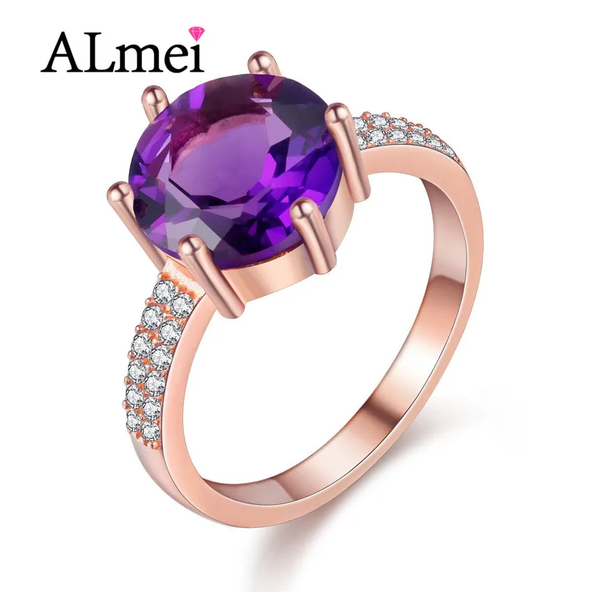 Almei 2.5ct Аметист женский фиолетовый кольцо из розового золота цвет Jewelry Винтаж Свадебные Кольца из серебра 925 пробы Birthtone с коробкой 40% FJ104 - Цвет камня: Purple