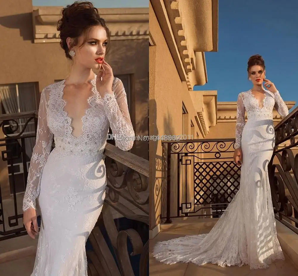 2015 Vintag Sheer Backless Long Sleeve Sexy Wedding Dresses Mermaid Deep V-Neck Ivory Elegant Lace Appliques Ruched Sweep-Train | Свадьбы и