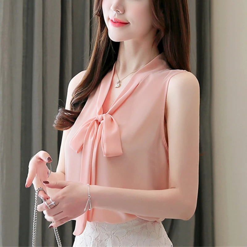 

Korean Fashion Chiffon Women Blouses Summer V-Neck Sleeveless White Women Shirts Plus Size Womens Tops and Blouses