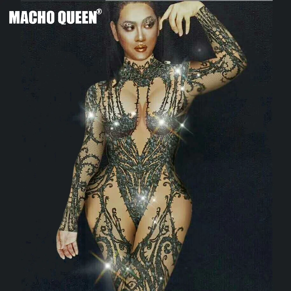 

Black Rhinestones Bodysuit Crystal Jumpsuit Women's Celebrity Birthday Outfit Stage Dance Wear Stage Costumes For Singers