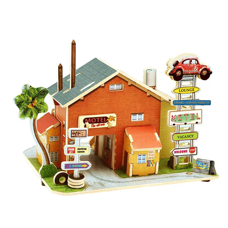 DIY Wooden Assembling House Toys Model 3D Building House Puzzle Kids Educational Toys for Children Castle Model Jigsaw Puzzle