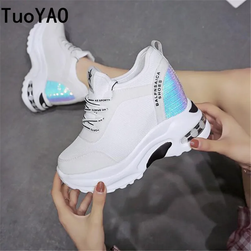 

Fashion 2019 Spring Platform Sneakers 9 CM High Heel Women Bling Shoes Mesh Wedge Sneakers Summer Breathable Casual Shoes Woman