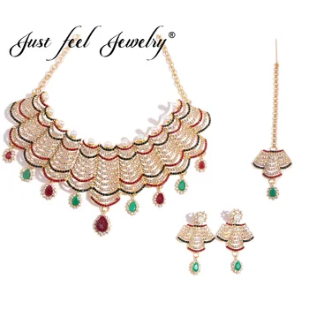 

JUST FEEL India Wedding Crystal Jewelry Sets For Women Gold Color Imitation Pearls Necklace Earrings Headdress Charm Accessories