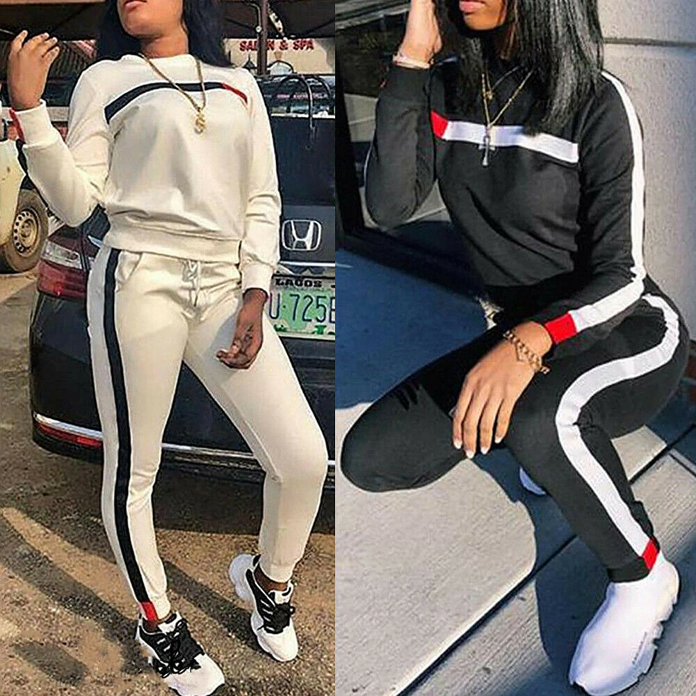 2Pcs Ladies Tracksuit Casual Sportswear Long Sleeve Crop Tops Long Pants Sets Suit Womens Sport Lounge Wear Running Workout Gym Sweatshirt Pullover Jumper Outfit