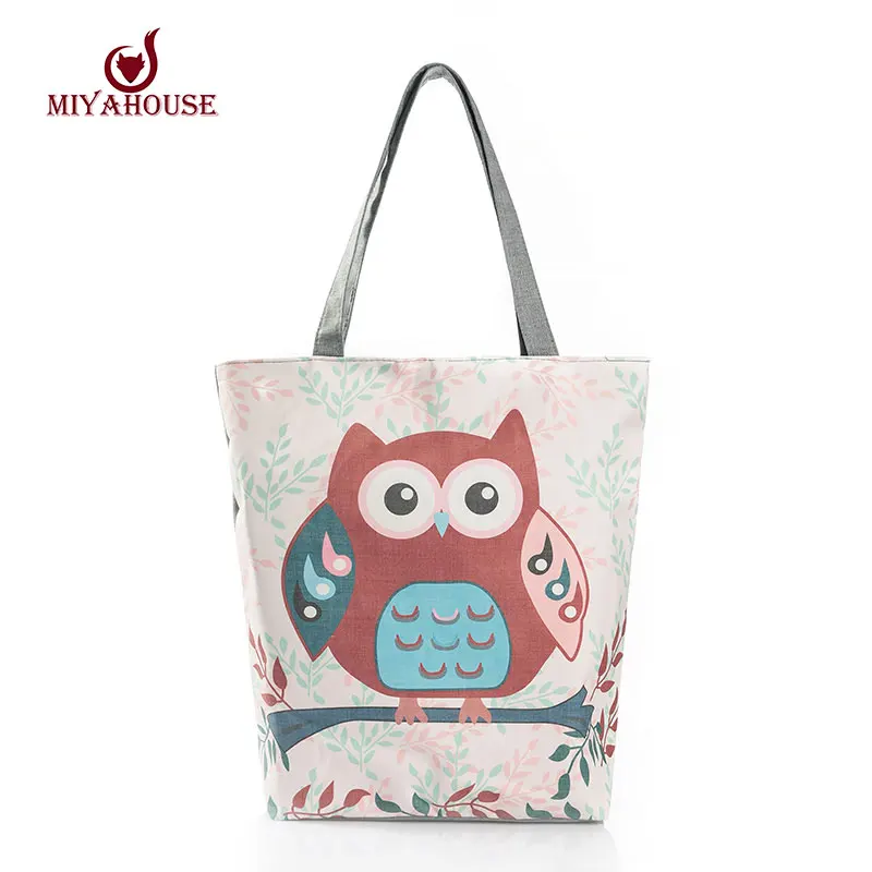 Cartoon Owl Printed Casual Tote Fashion Women Canvas Beach Bag Female Canvas Handbag Daily Use Single Shoulder Shopping Bags