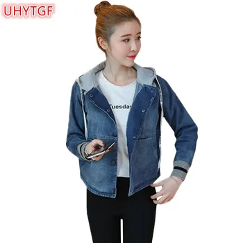 

UHYTGF Spring Denim Jackets Women Top Autumn Korean Plus size Bomber Jacket Loose Jeans Jacket Women Loose Hooded Denim Coat 202