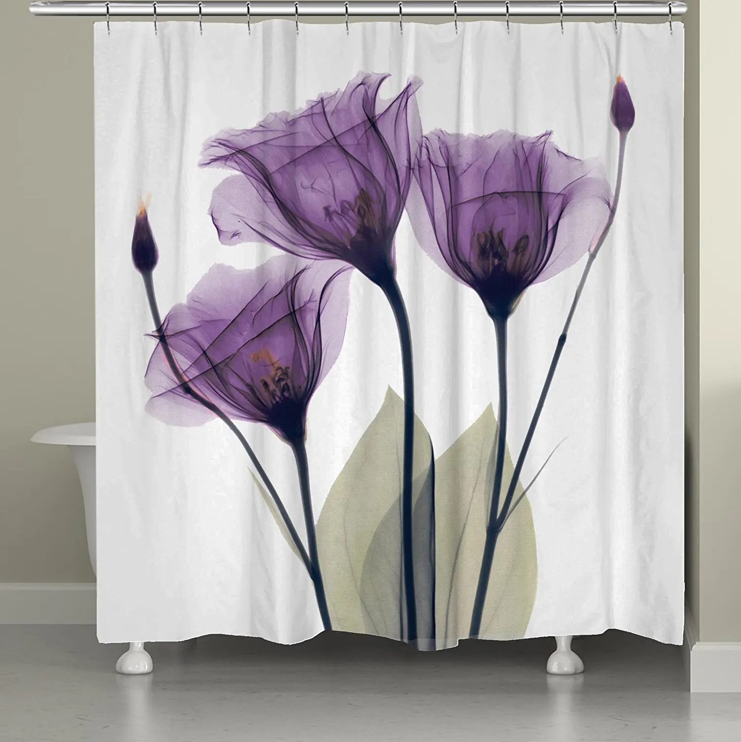 

Memory Home Modern Purple Flowers Printing Waterproof Fabric Polyester Bathroom Product Shower Curtain with 12 Hooks White