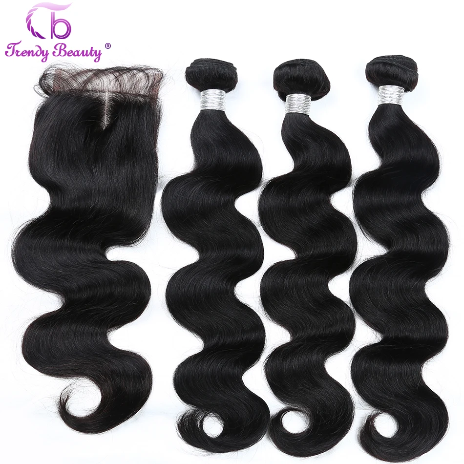 

Brazilian body wave hair 3 bundles with 1 pcs closure human hair extensions color 1B Non-remy hair weave bundles Trendy Beauty