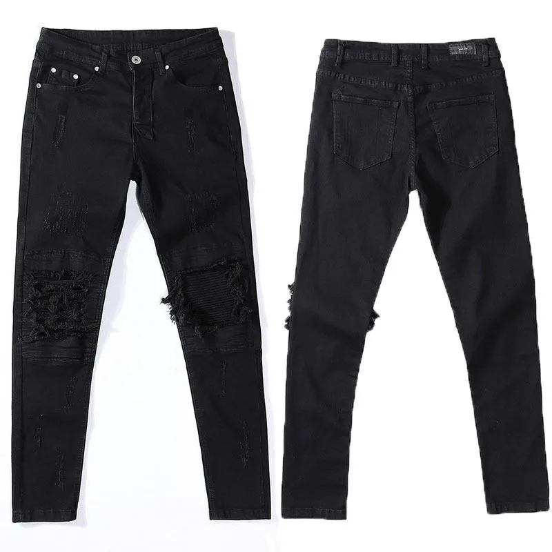 High Quality Mens Ripped Moto Biker Jeans Black Grey Slim Fit