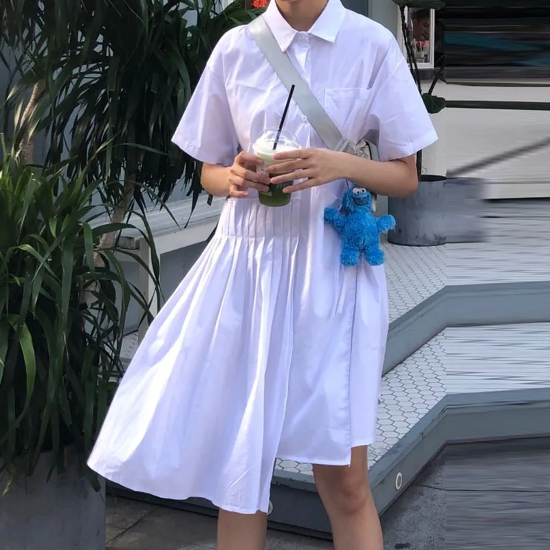 

SuperAen Pleated Dress Women Solid Color Cotton Casual Ladies Dress Short Sleeve Summer New 2019 Fashion Women Clothing