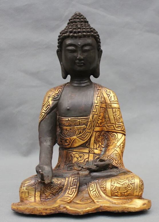 

Collectible bronze S1733 11" Tibet Bronze Gilt Seat Shakyamuni Amitabha Buddha 8 Auspicious Symbol Statue (B0328)