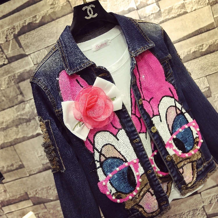 wonderful  Students Short Denim Jacket Coats Spring Winter Women New Fashion Pearl Pink Sequin Long Sleeved Je