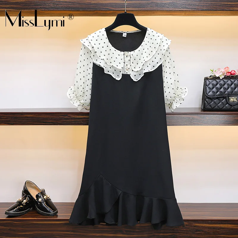 

XL-5XL Plus Size Women Mermaid Dress Summer 2019 Cute Heart Print Peter Pan Collar Short Sleeve Chiffon Patchwork Ruffle Dresses