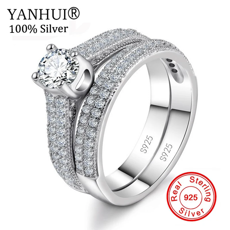 

YANHUI 100% Original 925 Sterling Silver Rings Set for Women Fine Jewelry Round Cubic Zirconia Engagement Wedding Rings YHR131