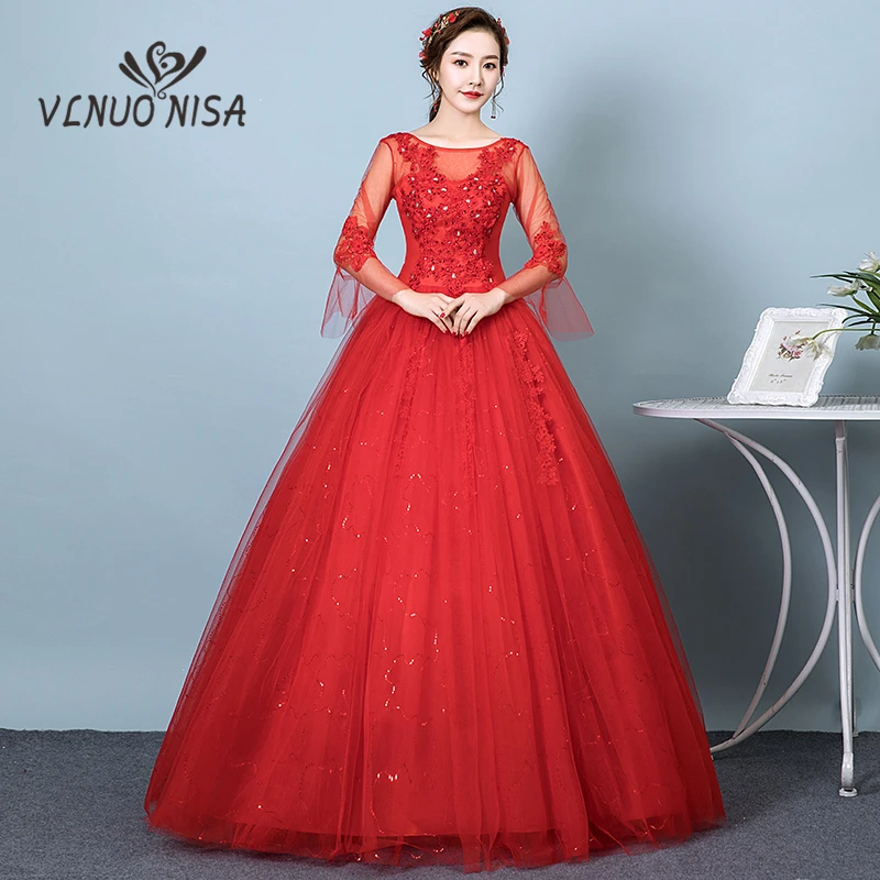 simple red gowns with sleeves