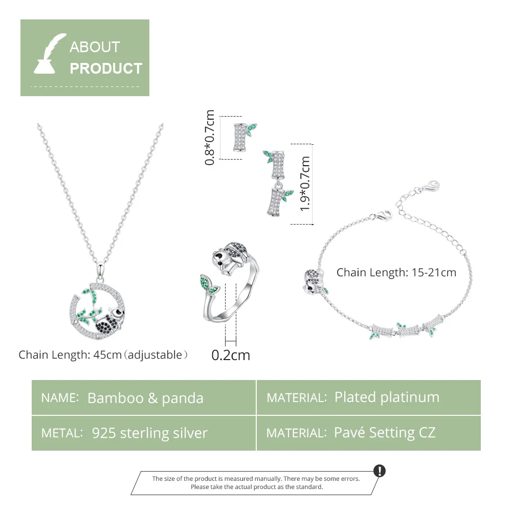 Bamoer 4 в 1 Ювелирные наборы Панда и бамбук дизайн ожерелье серьги кольцо браслеты для женщин серебро 925 ювелирные изделия ZHS130