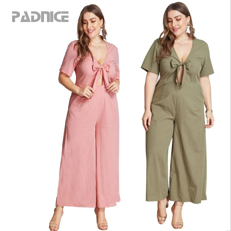 

Plus Size Summer Fat MM Pants Women's Wear V Neck Solid Ladies Casual Office Loose Female Jumpsuit Temperament Women's Clothing